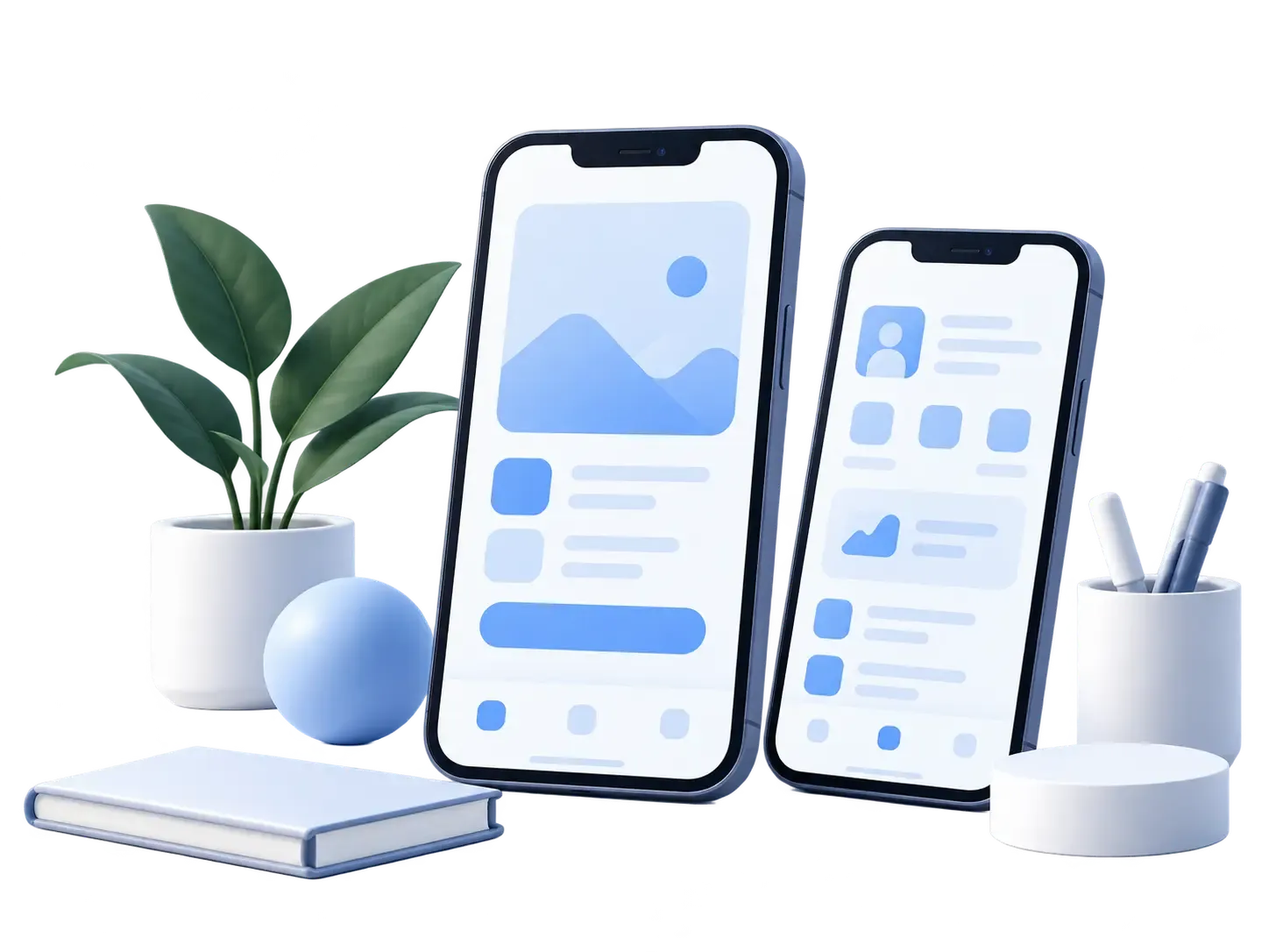 Two smartphones surrounded by a plant, a book, and desk objects
