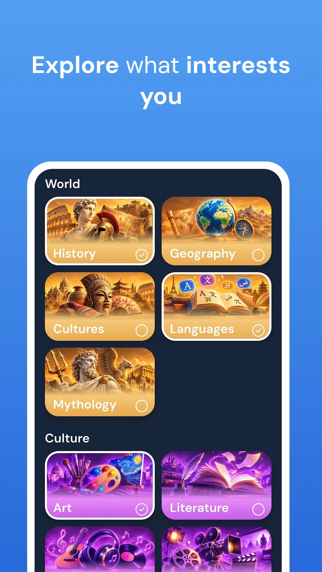 Stupefact topic picker with History, Geography, Art, and more